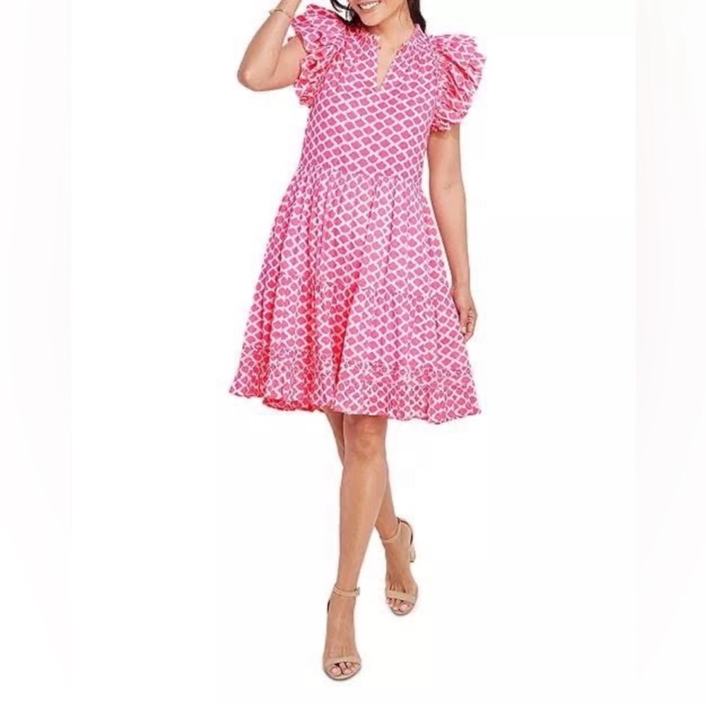Vineyard Vines Small Hot Pink Printed Ruffle Sleeve Dress
